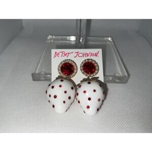 NWT Betsey Johnson Large White Strawberry Red Crystal Faux Pearl Earrings NEW